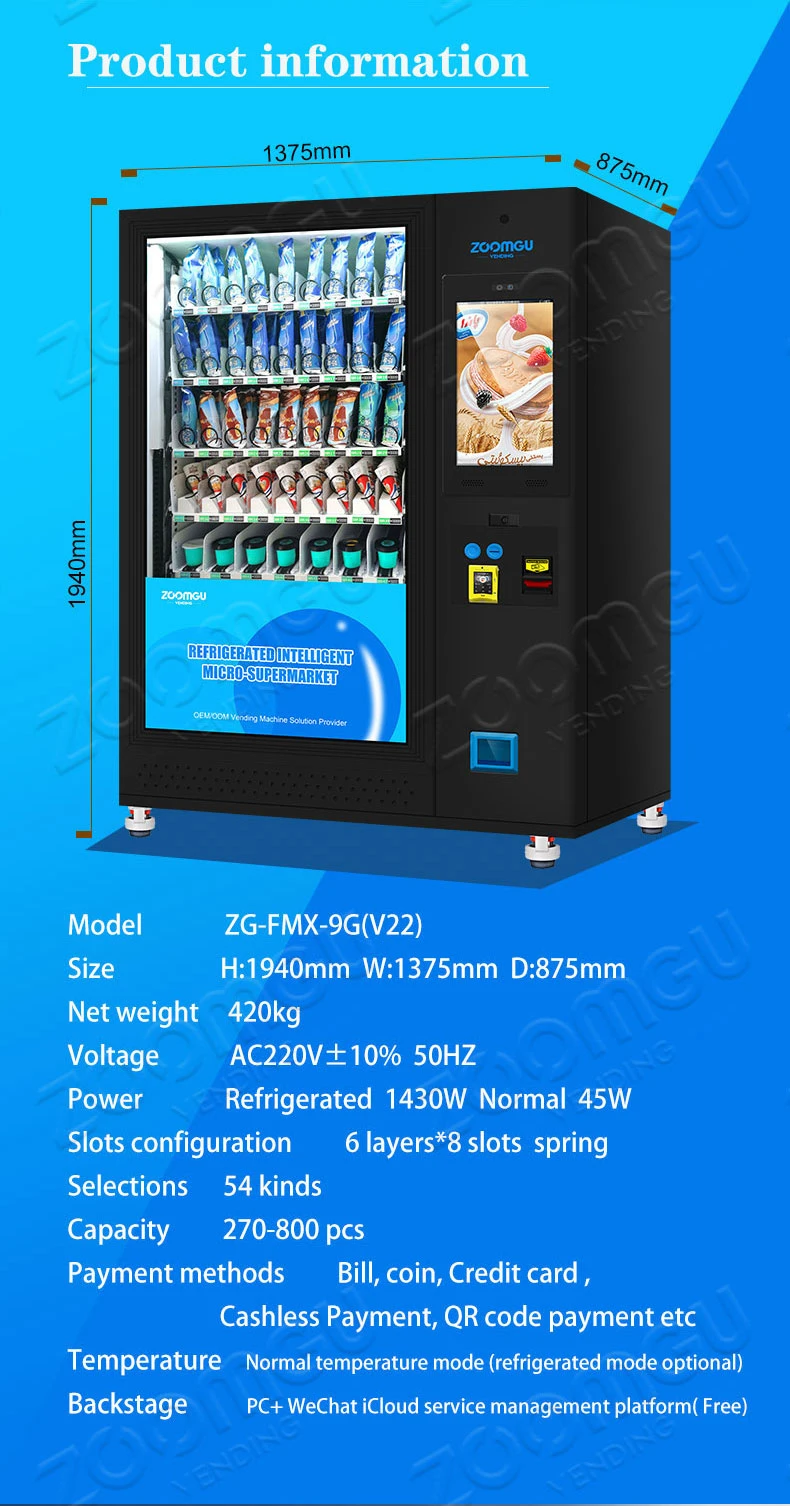 Zg OEM Coin Operated Frozen Food Vending Machine Fresh Frozen Food Smart Vending Machine